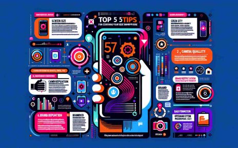 Generate an image of a high-definition infographic depicting 'Top 5 Tips for Choosing your Next Smartphone'. The infographic should include relevant icons or imagery  related to the tips, such as screen size, camera quality, brand reputation, operating system preferences, and the overall smartphone cost. The color scheme should be dynamic and eye-catching, but not overly bright. The text should be clear and easy to read.