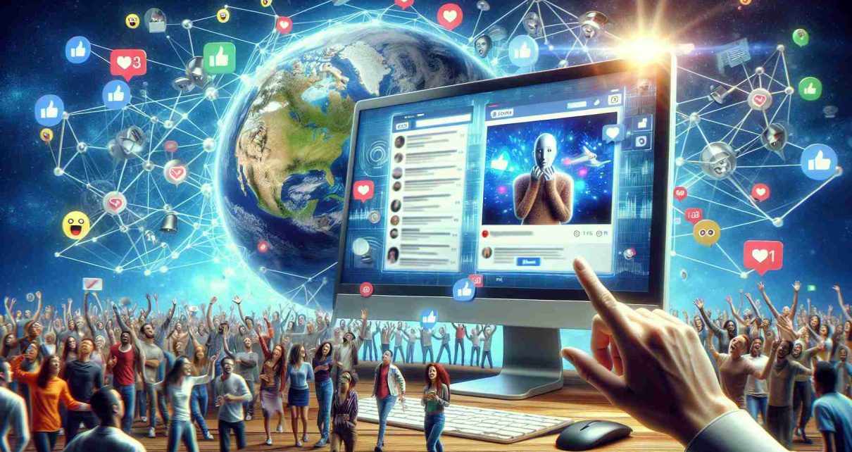 A conceptual scene representing the impact of a viral photo on social media. This could include an image of a computer screen showing a photo that has been liked and shared thousands of times on various social media platforms. There should be a background showing the globe, representing the worldwide impact and reach. A crowd of diverse individuals with expressions of surprise, curiosity, and interest, represented metaphorically as they react to the viral photo, can also be included. There should be signs of the photo spreading quickly, like visual metaphors for speed and movement.