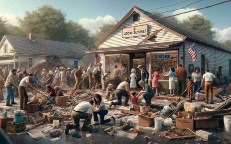 Generate an image depicting a local business encountering hardships yet overcoming them with the support of their community. The scene takes place in front of a small store, recently damaged perhaps by natural calamities. There are people from different descents like Caucasian, Hispanic, Middle-Eastern, South Asian, and Black both genders working together. Some are helping to fix the store, others are donating items, a group of children from the community are participating in the cleanup. Everyone is actively participating, their faces reflecting determination and unity. The scene is rich in realism and high-definition details.