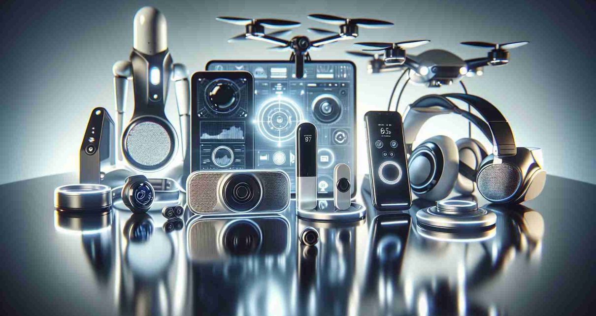 An ultra-high definition, realistic image showing the latest technological trends that are beyond headphones. This can include AI-assisted devices, wearable technology, VR/AR equipment, advanced drones, and futuristic computers. The scene is lit with soft white lights reflecting off the sleek surfaces of the devices, creating a modern and cutting-edge ambiance.