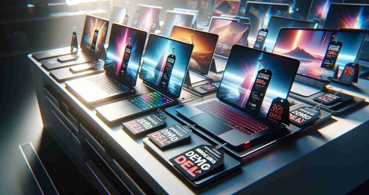 A high-definition, realistic image showing a variety of cutting-edge laptops displayed on a desk, each bearing a tag with amazing deals. The scene is lit up with soft white light and exudes the atmosphere of a contemporary electronics store. The laptops come in various models, colors, and sizes. Some of them are open showing vibrant and sharp displays, others are closed showcasing their sleek design. The tags attached to each laptop highlight its features and the attractive discount offered in bold, eye-catching fonts.