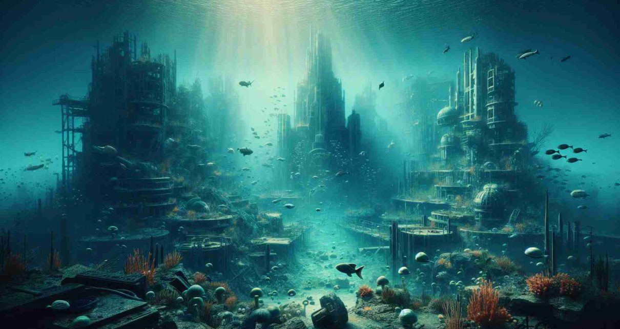 Generate a realistic HD image of a post-apocalyptic video game setting inspired by the concept of 'Fallout: Atlantis'. The scene portrays an underwater city in ruins, once futuristic, now abandoned and filled with aquatic life. Marine creatures co-exist with the derelict city structures. Debris floats around the remnants of the sunken civilization, giving a glimpse of what was once a thriving metropolis. The tone is heavy, filled with both the eerie silence of the deep sea and a mysterious hope for rediscovery and survival. The overall effect hints at what a revolution in post-apocalyptic gaming could look like.