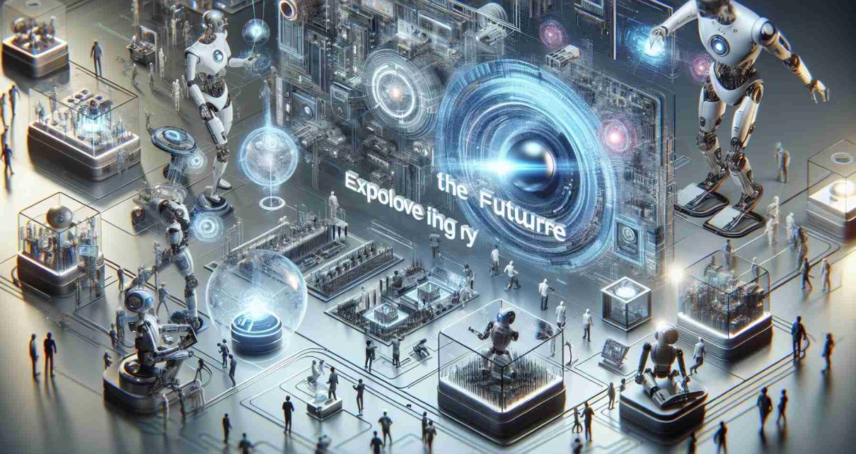 A high-definition, realistic scene highlighting the concept of 'Exploring the Future' with an emphasis on the revolutionary integration of technologies, signifying a famous tech brand's innovations. Picture robots assembling circuitry, holograms projecting complex algorithms, sleek gadgets embodying cutting-edge design, and individuals engrossed in testing this technology. The color scheme leans towards silvers, grays, and whites - hues commonly associated with modern technological aesthetics.