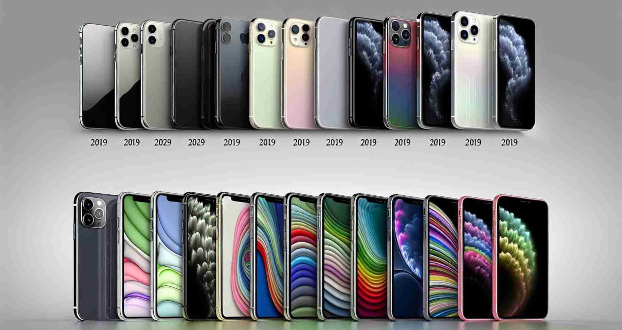 A high-definition and realistic image displaying the evolution of smartphone colors over the years. To start, the image shows early mobiles in solid colors such as black and grey, then moving forward, the image should transition into smartphones in more varied colors including white, silver, gold, and space gray. Next, show a progression into even more colorful smartphones hues like rose gold, coral, green, blue, and purple. Finally, visualize the modern era of smartphones, with vibrant patterns and gradient color options, reflection technology and metallic hues.