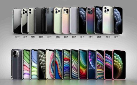 A high-definition and realistic image displaying the evolution of smartphone colors over the years. To start, the image shows early mobiles in solid colors such as black and grey, then moving forward, the image should transition into smartphones in more varied colors including white, silver, gold, and space gray. Next, show a progression into even more colorful smartphones hues like rose gold, coral, green, blue, and purple. Finally, visualize the modern era of smartphones, with vibrant patterns and gradient color options, reflection technology and metallic hues.