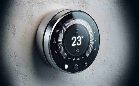 A highly detailed, realistic image of a modern, advanced thermostat update, inspired by the rapid pace of technological innovations. The thermostat is mounted on a wall, features a sleek, round design with a digital display showing temperature and other settings. It should denote an ambiance of a future-focused and energy-efficient home.