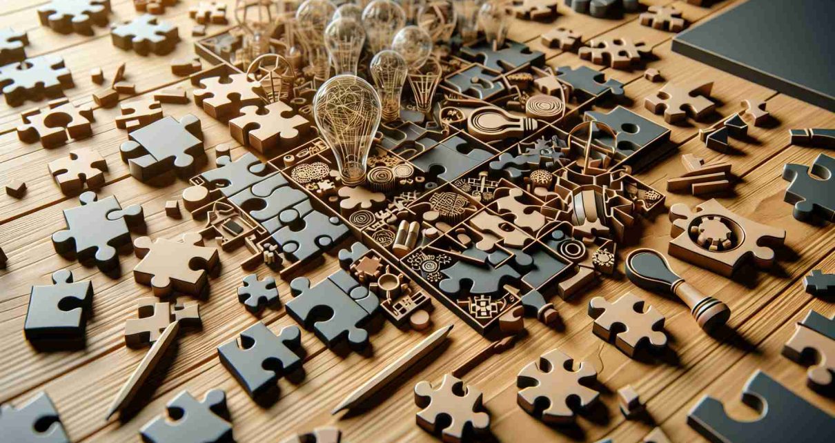 Capture an image which showcases a modern and innovative twist in a puzzle challenge. This should be a high-definition, photorealistic portrayal of the scene. We'll see elements such as uniquely designed puzzle pieces scattered in chaotic yet strategic manner on a wooden table, with hints of progress that embody the sentiment of challenge and innovation. Make sure the image displays complexity, detail and a sense of almost tangible anticipation for completion.