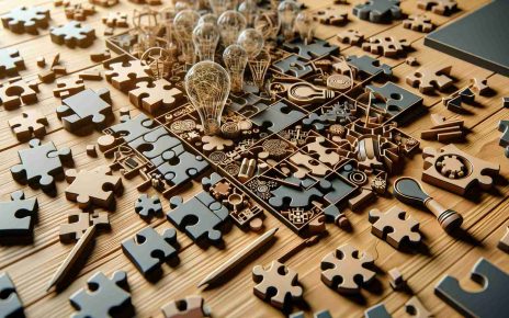 Capture an image which showcases a modern and innovative twist in a puzzle challenge. This should be a high-definition, photorealistic portrayal of the scene. We'll see elements such as uniquely designed puzzle pieces scattered in chaotic yet strategic manner on a wooden table, with hints of progress that embody the sentiment of challenge and innovation. Make sure the image displays complexity, detail and a sense of almost tangible anticipation for completion.