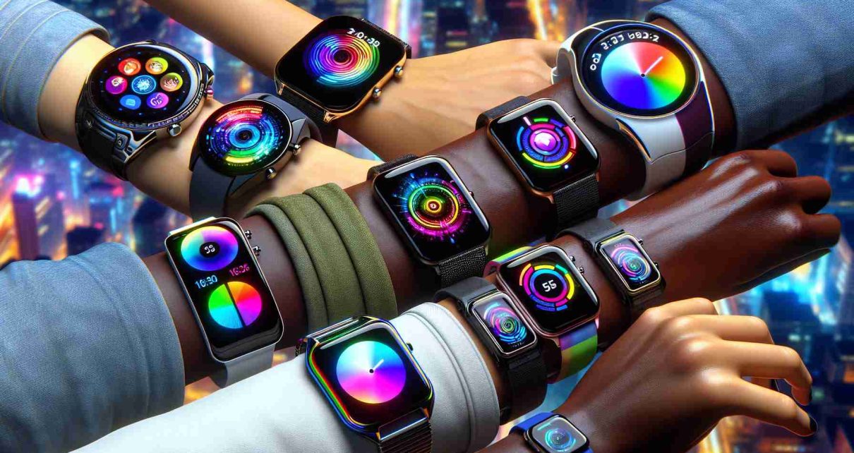 A realistic high-definition image showcasing the vibrant future of wearable technology. The image features a variety of smartwatches, with each on a wrist of a different descent: Middle-Eastern, Hispanic, Caucasian, Black, and South Asian. The smartwatches exhibit futuristic designs and are imbued with vivid arrays of colors, displaying a variety of groundbreaking features and applications on their screens. The background is a modern cityscape to symbolize technological advancement, with subtle reflections of the city lights on the watch faces. This imagery represents the revolution of wearable technological devices and the colorful prospects they hold for the future.