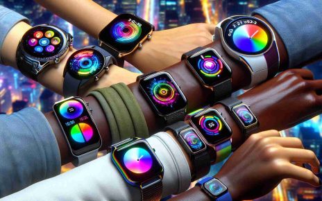 A realistic high-definition image showcasing the vibrant future of wearable technology. The image features a variety of smartwatches, with each on a wrist of a different descent: Middle-Eastern, Hispanic, Caucasian, Black, and South Asian. The smartwatches exhibit futuristic designs and are imbued with vivid arrays of colors, displaying a variety of groundbreaking features and applications on their screens. The background is a modern cityscape to symbolize technological advancement, with subtle reflections of the city lights on the watch faces. This imagery represents the revolution of wearable technological devices and the colorful prospects they hold for the future.