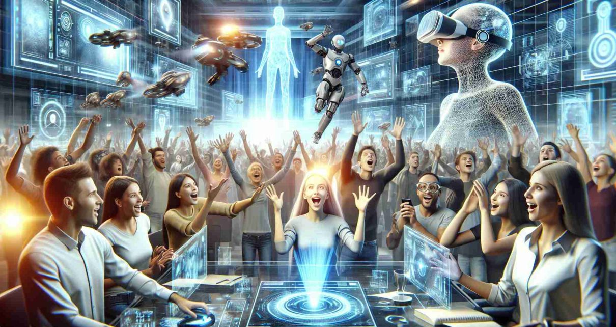 Create a realistic, high-definition image representing the concept of 'Exciting Times Ahead for Tech Enthusiasts'. Depict futuristic technologies like holographic interfaces, quantum computers, and AI-powered devices. Show people of different descents and genders expressing awe and enthusiasm as they interact with these advanced gadgets, capturing the atmosphere of excitement and novelty. The setting can be a technologically-enhanced environment with sleek screens, holographs, VR headsets, and robotic companions.