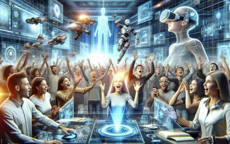 Create a realistic, high-definition image representing the concept of 'Exciting Times Ahead for Tech Enthusiasts'. Depict futuristic technologies like holographic interfaces, quantum computers, and AI-powered devices. Show people of different descents and genders expressing awe and enthusiasm as they interact with these advanced gadgets, capturing the atmosphere of excitement and novelty. The setting can be a technologically-enhanced environment with sleek screens, holographs, VR headsets, and robotic companions.