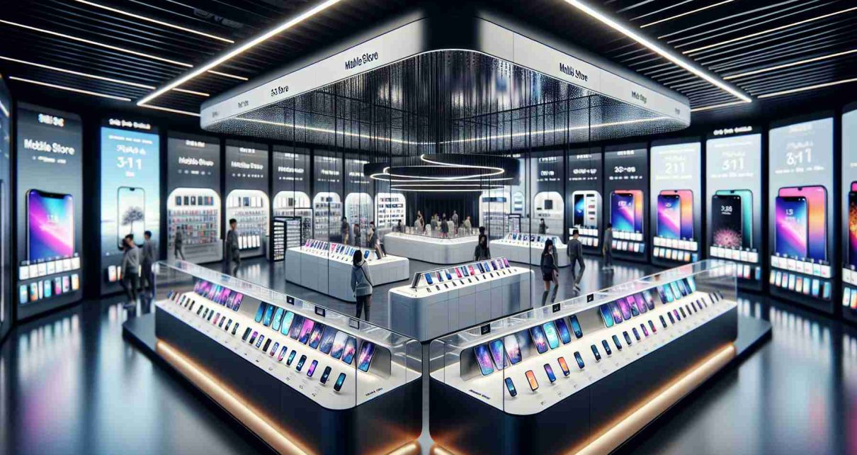 Realistic high-definition depiction of a newly opened mobile store in Europe, boasting a carefully curated, innovative selection of mobile phone titles, highlighting the technological advancement and modernity of the retail location. The store interior should exude an ultramodern vibe, with sleek design elements and displays showcasing a broad spectrum of cutting-edge mobile phones. The atmosphere should mirror the excitement and expectation associated with the introduction of new technological products to the market.