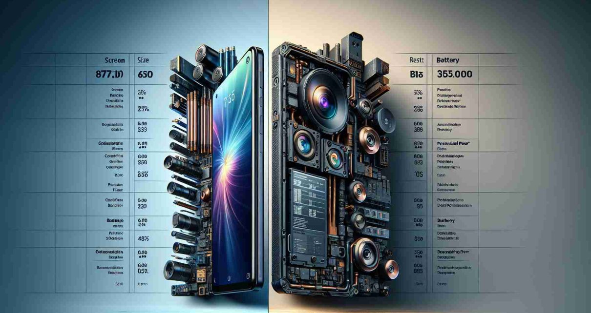 Create a realistic high-definition image displaying a comparison of the two newest smartphones , showcasing their unique features and specs. On the left, depict the TechX Pro with its sleek metallic design, large display screen and high-end camera. On the right, illustrate the Elite Xplorer, which is recognised for its rugged design, advanced battery life, and dynamic performance. Include a table in the middle that compares different features like screen size, camera quality, battery life, processing power, and operating system of the two phones.