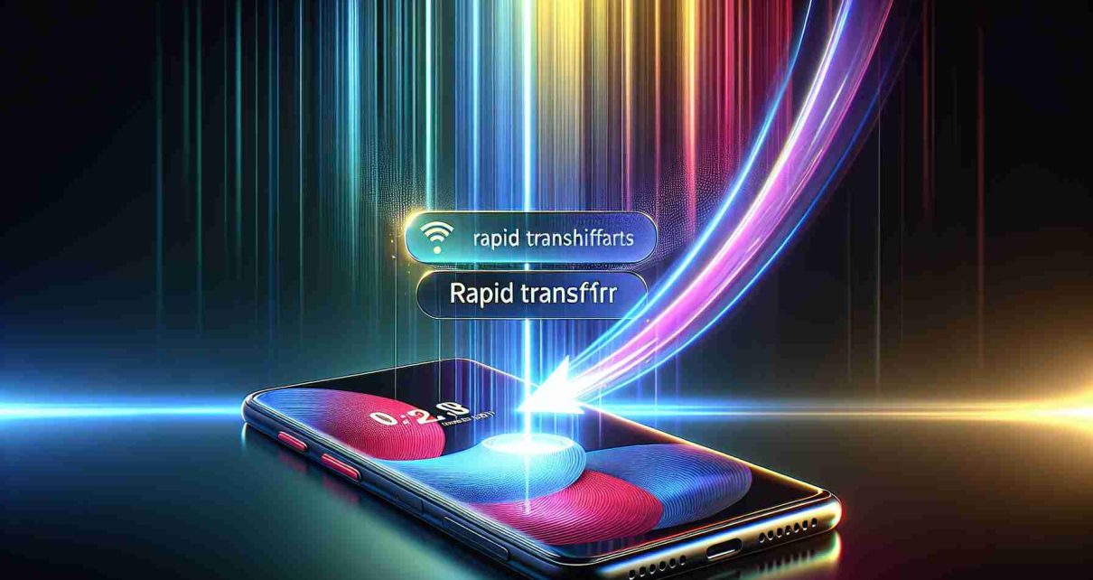 A high-definition realistic image showcasing the revolutionary data transfer feature being introduced with the release of a new generation smartphone, named as 'Pixel 9'. The phone should be in vibrant, sleek design focused foreground, with rays of light shining down on it, symbolizing the new feature as an innovation. Screen should be showing the Rapid Transfer icon, hinting the improved data sharing capabilities of the device.