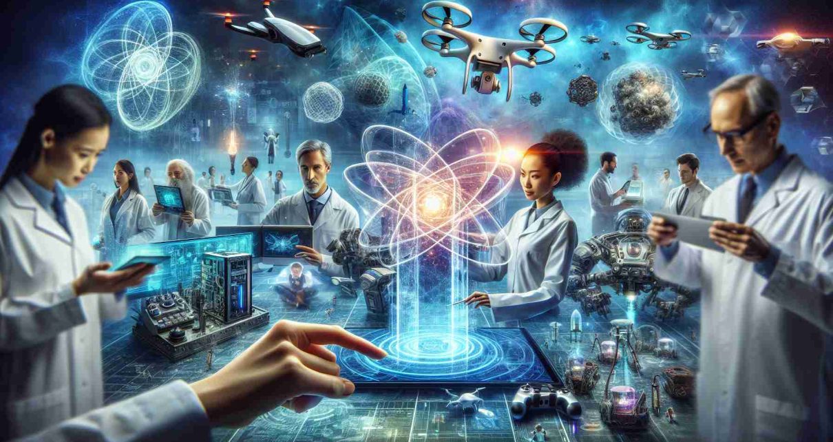 A high-definition, realistic image showcasing the concept of revolutionizing the tech landscape through cutting-edge innovations. Imagination is the hand of the mind, and so the scene buzzes with the life of technological advancement; futuristic devices utilizing AI, quantum computers in the background, drones delivering packages, with virtual reality interfaces floating in the air. In the center, scientists of diverse backgrounds; an Asian woman carefully adjusting a holographic screen, a Caucasian man surveys tech blueprints, a Black woman observing a drone, a Middle Eastern man working on a quantum computer. The atmosphere is one of fervor, progress, and unfettered creativity.