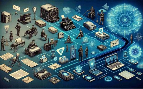 An image depicting the advancements in secure messaging technologies. On one side of the image, show a vintage visual of sending messages through traditional means such as letters, telegrams, and early computers, reflecting the past. Transitioning towards the middle of the image, showcase modern communication systems and devices such as smartphones and laptops with software applications for secure messaging. On the other side, represent future advancements such as holographic displays, quantum encryption, and other high-tech concepts shown in a plausible and realistic manner. Use the style of a high-definition infographic, shedding light on the evolution of secure communication.