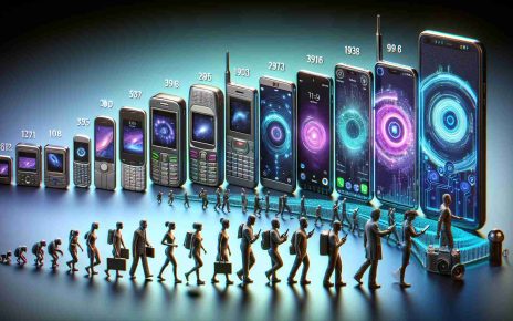 Render an illustration that showcases the fascinating evolution of smartphone preferences over the years. Start with the basic cell phone at the beginning, and gradually transition into the smartphones with full touch screen, high-end cameras, and smart features. Also, include future predictions of how smartphones might look. Make the image in a realistic HD style.