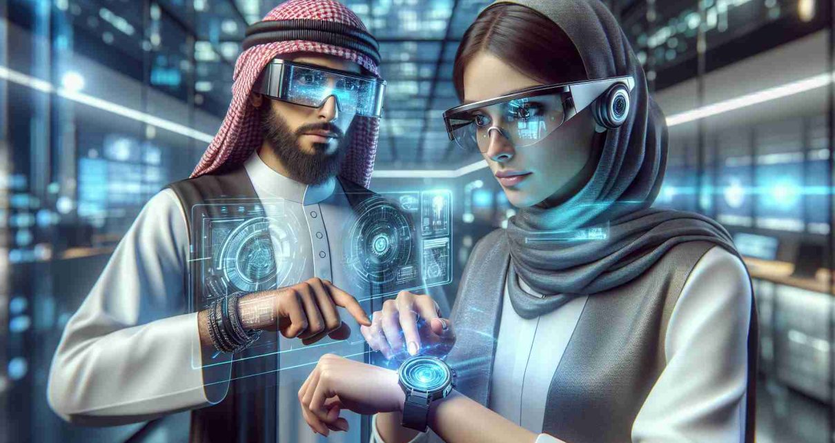 A detailed and high-definition image showcasing the concept of the future of wearable technology. Depict an individual of Middle-Eastern descent, gender unspecified, demonstrating the use of high-tech glasses with augmented reality capabilities. Additionally, capture another person, a Caucasian woman, using a futuristic smartwatch with holographic display. They are in a modern, spacious room filled with cool-toned lighting and sleek furniture, suggesting a highly advanced and technologically equipped environment. They're both engaged, interacting with their respective devices with evident amazement on their faces, symbolizing the awe and excitement that comes with technological advancements.