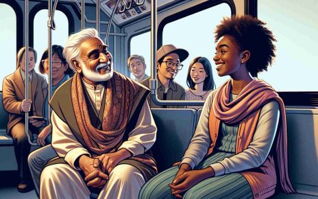 An illustrative, high definition image portraying an unlikely friendship taking place on public transit. In the center of the image, a elderly South Asian male is engaged in a friendly conversation with a young Black female. They are seen sitting next to each other. The man is wearing traditional South Asian clothing, while the young woman wears casual modern attire. The setting is a modern city bus. Their smiling faces suggest a warm, friendly conversation. Interesting passengers of varied descents and genders are subtly depicted in the background, reflecting the authenticity of diversity in a public transit scenario.