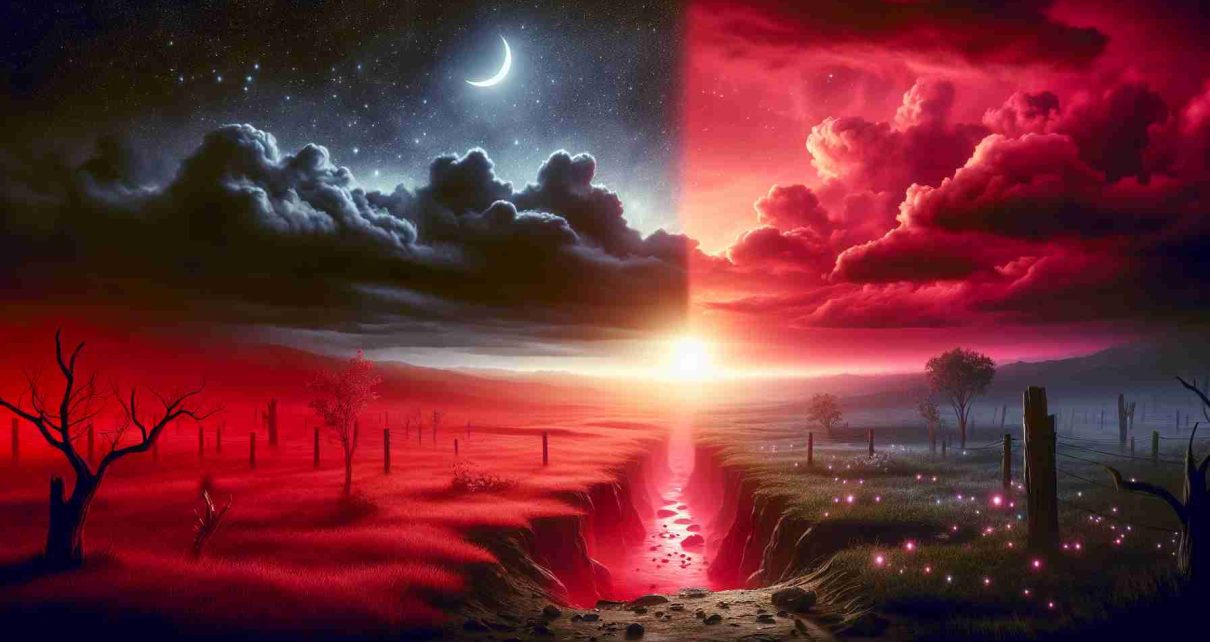 Realistically detailed high-definition image illustrating the concept of the rebirth of crimson skies, symbolizing a story of redemption. It should depict a scene revealing a once dark and gloomy sky now changing into a vibrant crimson color, signifying a shift from despair towards hope.