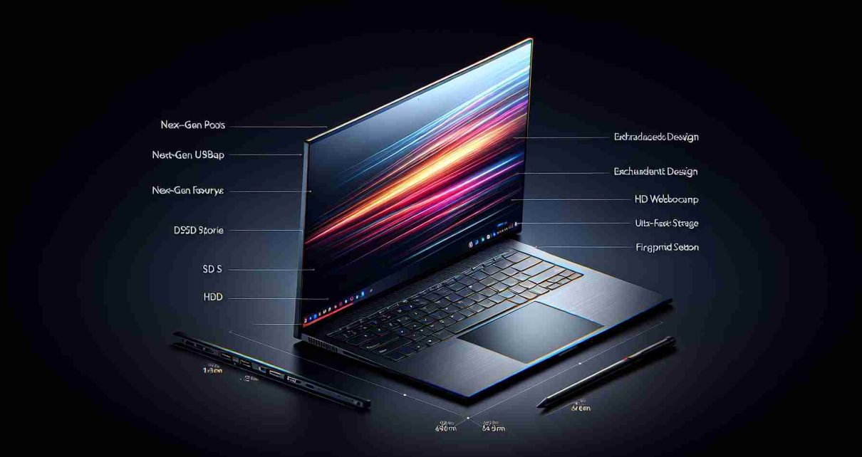 Generate a realistic, high-definition image of a revamped laptop model showcasing its enhanced features and slim design. The device is modern and sleek, with a prominent brand logo, a seemingly borderless display, and an upgraded keyboard layout. To emphasize its slimness, show it from a side angle. The laptop should also include next-gen USB ports, an HD webcam, ultra-fast SSD storage, and perhaps a robust fingerprint sensor for increased security.