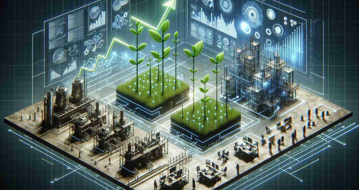 A high-definition, realistic image of an abstract representation of a tech giant company restructuring for future expansion. The picture may include iconography of growth such as sprouting plants, ascending graphs, machines updating their systems, and office spaces reconfiguring their layouts. Sections of code and digital interfaces can denote technological progression, and a diverse group of employees can indicate the company's workforce adapting to change.