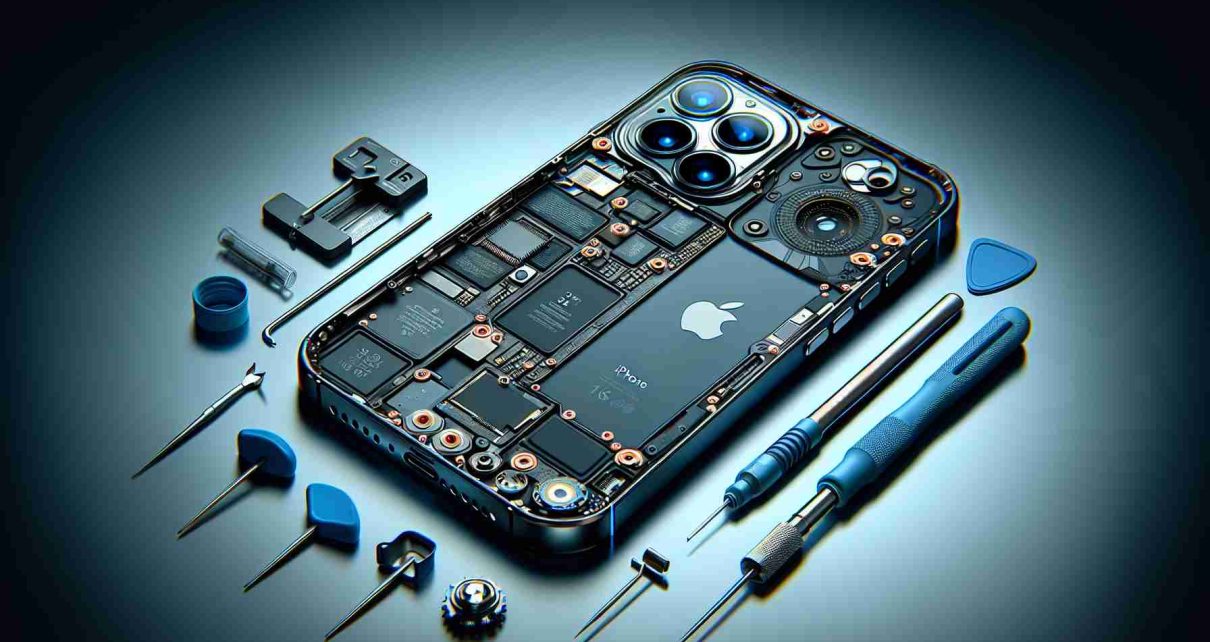 Conceptual design of the advanced iPhone 16 Pro, emphasizing its cutting-edge camera technology and enhanced repairability. The image should pay particular attention to the detailed layout of the camera lenses, insinuating progression in photographic capabilities. Also, it should subtly hint towards the device's improved repairability, maybe through showcasing a tool set or a broken-down yet repairable component next to the phone. The illustration is to be realistic and high definition, capturing the sleek, modern aesthetics of such an advanced tech gadget.