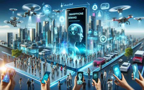 A realistic high definition depiction of the future of smartphone demand and artificial intelligence technology. Flashes of progressive technology advancements can be seen with futuristic smartphones having sleek designs, transparent screens and AI-operated features. Users of diverse descents and genders can be seen engaging with these technologies, showcasing the high demand. The background could depict a technologically advanced city, representative of the state-of-the-art innovation, with drones and autonomous vehicles in motion.