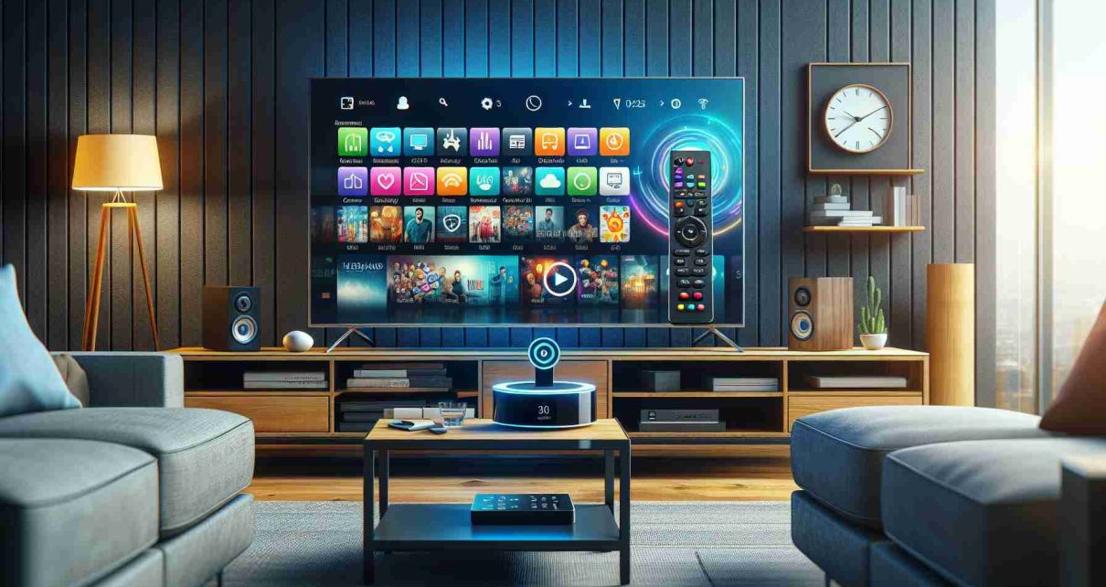 Produce a realistic high-definition image showcasing a concept of revolutionary home entertainment. The image should include a generic home setting with a modern style television and a nearby streaming device with interactive features. Screens on the device and TV should show a user-friendly interface, full of colorful app icons for various entertainment options. Also, include a remote control with voice search option, which is indicative of advanced technology. The setting should be comfortable with cushy seating and an ambient lighting that creates a cozy viewing experience.