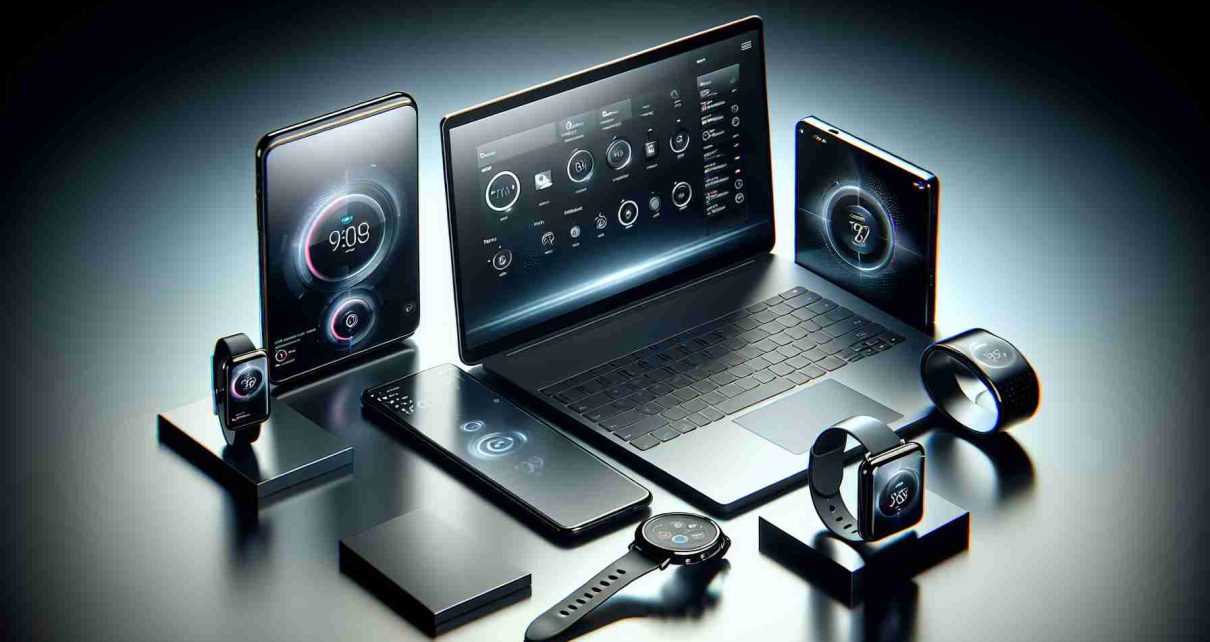 An image portraying a realistic high-definition representation of a modern technology market scene. Displayed prominently are multiple newly-released sleek and stylish devices with advanced technology, recognizable as similar to those made by a renowned tech manufacturer. The devices include a smartphone with a large, crisp display, a lightweight laptop with a seamless design, and a smartwatch with an intuitive interface, all set in an appealing arrangement. The visual elements should create a sense of excitement and eagerness typically associated with the launch of an eagerly anticipated product line.