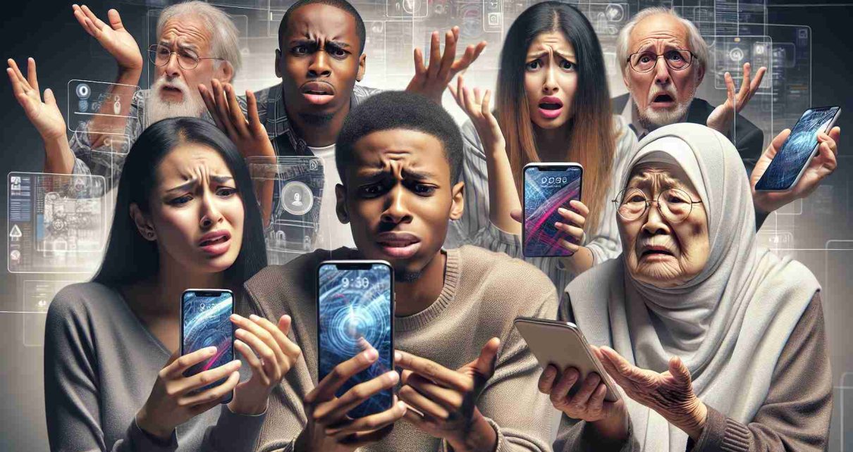 High definition, realistic image that depicts diverse individuals dealing with touchscreen glitches on their advanced, next-generation smartphones. Show a Middle-Eastern woman, a Black man, a Hispanic teenager, and an Asian elderly person expressing confusion, frustration and surprise while trying to operate their cutting-edge devices in a modern, tech-savvy environment. The beauty of this image should lie in its depiction of the challenges even advanced technology presents at times.