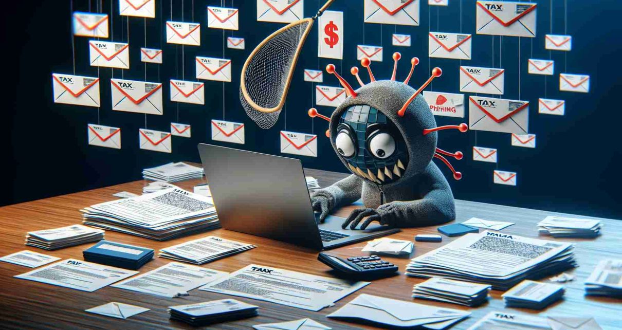 Create a high-definition, realistic image that symbolizes malware pretending to be tax agencies using email phishing tactics. The scene should feature a cartoonish-looking computer virus sneakingly wearing a disguise that resembles traditional tax agency logos. Surround this figure with a series of dubious emails containing misleading information and a net, symbolizing the concept of 'phishing'. Remember, the image needs to figuratively depict these cybersecurity threats, rather than literally showing any real agency logos or specific details.