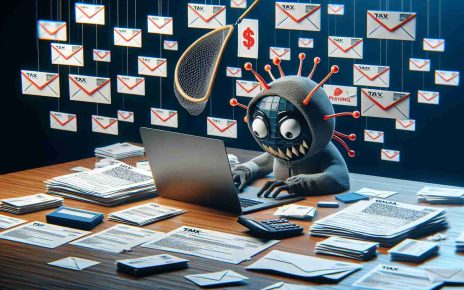 Create a high-definition, realistic image that symbolizes malware pretending to be tax agencies using email phishing tactics. The scene should feature a cartoonish-looking computer virus sneakingly wearing a disguise that resembles traditional tax agency logos. Surround this figure with a series of dubious emails containing misleading information and a net, symbolizing the concept of 'phishing'. Remember, the image needs to figuratively depict these cybersecurity threats, rather than literally showing any real agency logos or specific details.