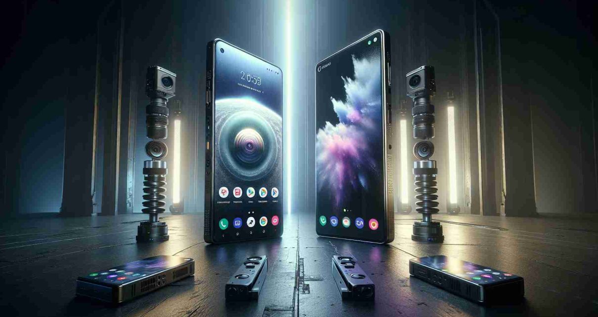 Create a highly detailed and realistic image of an ultimate technology showdown. The stage is set between two flagship smartphones: one represents the height of Android innovation, resembling the aesthetic and design elements of high-end Samsung Galaxy devices, with a massive screen, futuristic design, and multiple camera lenses. The other smartphone embodies the future vision of iPhone design, with a large and vivid display, sleek build, and advanced camera system. The two smartphones are facing off, with their screens illuminating and their key features being prominently showcased.