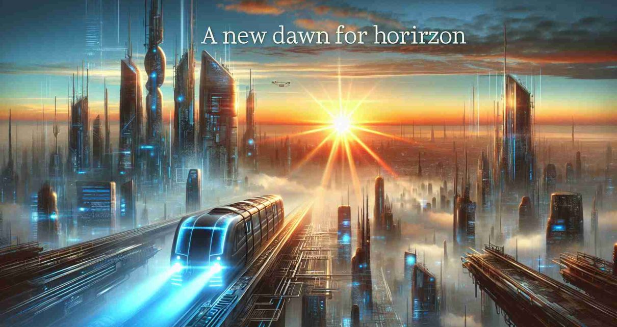 Create a high-definition, realistic image for a novel called 'A New Dawn for Horizon.' Show a modernized adventure scene. The cover could feature a great journey awaiting at dawn, with the sun just coming up over a technology-filled, futuristic city skyline. Rays of the earliest morning light could be reflecting off the high-tech buildings and futuristic transport systems, highlighting the promise of a new day and modern adventure.