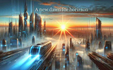 Create a high-definition, realistic image for a novel called 'A New Dawn for Horizon.' Show a modernized adventure scene. The cover could feature a great journey awaiting at dawn, with the sun just coming up over a technology-filled, futuristic city skyline. Rays of the earliest morning light could be reflecting off the high-tech buildings and futuristic transport systems, highlighting the promise of a new day and modern adventure.