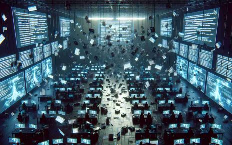 Create a realistic digital artwork that represents an unprecedented data breach in the gaming industry. The main imagery could depict scattered pieces of disrupted digital codes filling the air, with computer screens displaying alarming error messages in the background. The screens could be suspended in a large, darkened room reminiscent of a high-tech gaming studio. In the foreground, uneasy figures could be trying to contain the damage, under the illuminated glow of the screens. Keep all elements abstract as we do not want to imply any real-world events or companies.