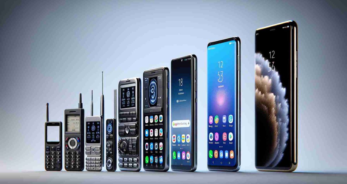 A high-definition, realistic image representing the evolution of smartphone technology. Starting from the early, bulky models with physical buttons and small screens, progressing to the sleek, full-screen touchscreen designs with slim bodies and progressing further to modern miniature powerful devices, represented by a nondescript, newly-launched small and efficient model resembling popular current trends.