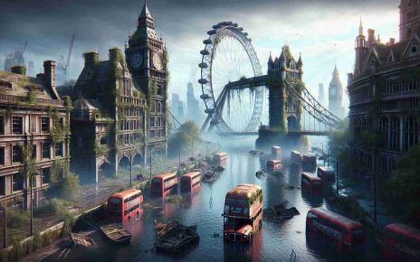 High definition realistic illustration of a post-apocalyptic London cityscape, conveyed as if it were a scene from a unique and immersive interactive game experience. Picture the Tower Bridge, half submerged in water, rusted and eerily silent. Iconic red double-decker buses are abandoned on the moss-covered streets. Ivy climbs the remnants of the London Eye, now resembling more of a sundial than a ferris wheel. In the distance, the silhouette of the Big Ben covered in overgrown foliage under an overcast sky, sets a melancholic atmosphere.