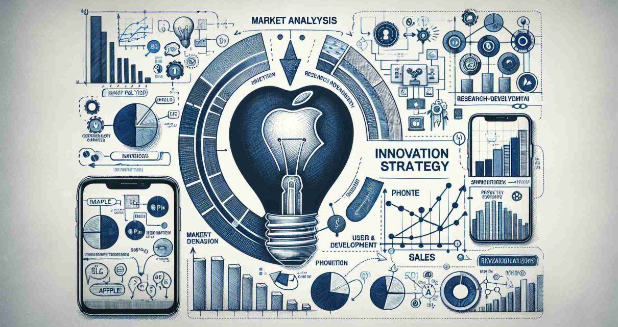 Illustrate a detailed and high-definition concept diagram representing the innovation strategy of a major hypothetical tech company, symbolically represented with an apple. Include key factors such as market analysis, research and development, and user-centric design. Alongside it, visualize a progressive bar or line graph showing the sales performance of a fictitious next-generation smartphone symbolically represented as 'Phone 16', with sales figures rising over a series of months.