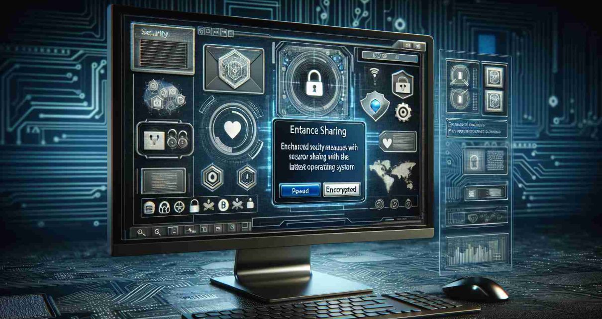 A detailed and realistic high-definition image depicting the concept of enhanced security measures in file sharing with the latest computer operating system. The picture should feature a modern desktop computer screen showing a file sharing interface with various security elements such as lock icons, encrypted data symbols, password input fields, and biometric identification features. There should be an accompanying dialogue box with a notification about the new security update. The operating system shown should resemble the interfaces of popular modern operating systems, but without any identifiable logos or trademarks.