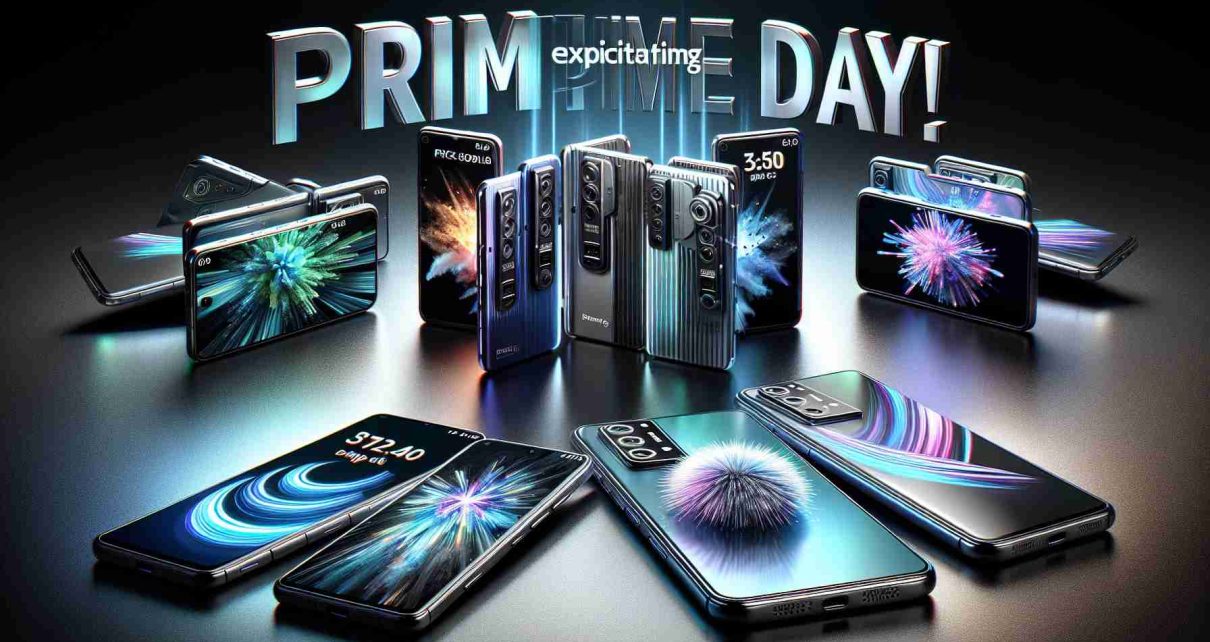 An ultra high-definition, lifelike image showcasing an array of fantastic discounts for Prime Day on the most recent smartphones. The smartphones are displayed attractively, boasting cutting-edge features and sleek designs. The words 'Exciting Prime Day Offers!' are stylishly inscribed atop the image, creating an atmosphere of anticipation and thrill.