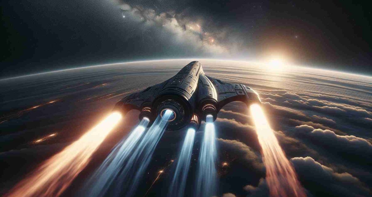 Realistic, high-definition image of a scenario titled 'A Stunning Display of Innovation' that depicts a magnificent journey of a concept starship. The scene reveals the starship ascending through the atmosphere into the vast, starry expanse of space. The design of the starship showcases a blend of futuristic technology and elegant engineering. Trails of fiery exhaust illuminate the darkening sky, marking the ambitious trajectory of this marvelous expedition.