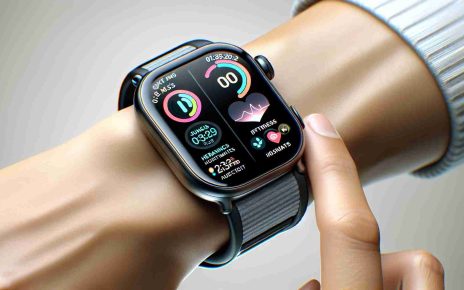 Generate a detailed image of the latest smartwatch update showcasing exciting new features. Depict the smartwatch with a modern design and sleek appearance on a wrist. Show a clear, hi-resolution interface display highlighting new features like advanced health metrics tracker, improved fitness app, digital assistant, and a virtual map. The background should be neutral to keep the focus on the smartwatch and its features.