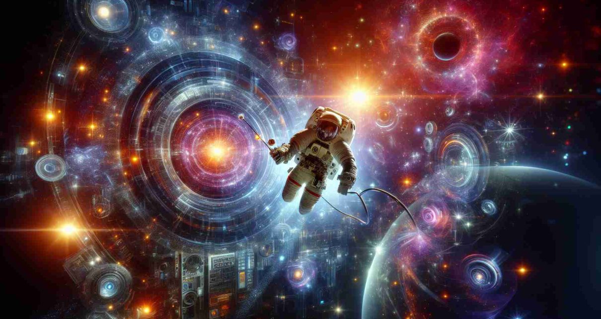 Generate a detailed, high-definition representation of the concept 'Exploring the New Galaxy of Technology'. The image should vividly display an astronaut floating in a high-tech, futuristic galaxy filled with digital star systems and advanced technological innovations. The astronaut can be seen holding futuristic tools used for exploring this galaxy. Radiant elements like glowing light trails, sparkling stars, and vibrant nebulae, symbolic of various technological advancements, should be scattered around. The scene should invoke a sense of wonder, discovery, and innovation.