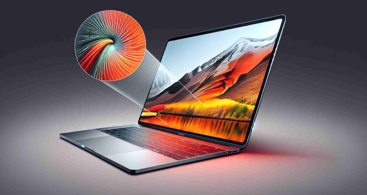 Create a detailed image of a cutting-edge, next generation laptop resembling a MacBook Pro. The laptop should be portrayed in a manner that emphasizes its advanced features, high resolution display, and significant performance improvements which make it revolutionary. The image needs to be in high definition to showcase the laptop's finesse and quality.