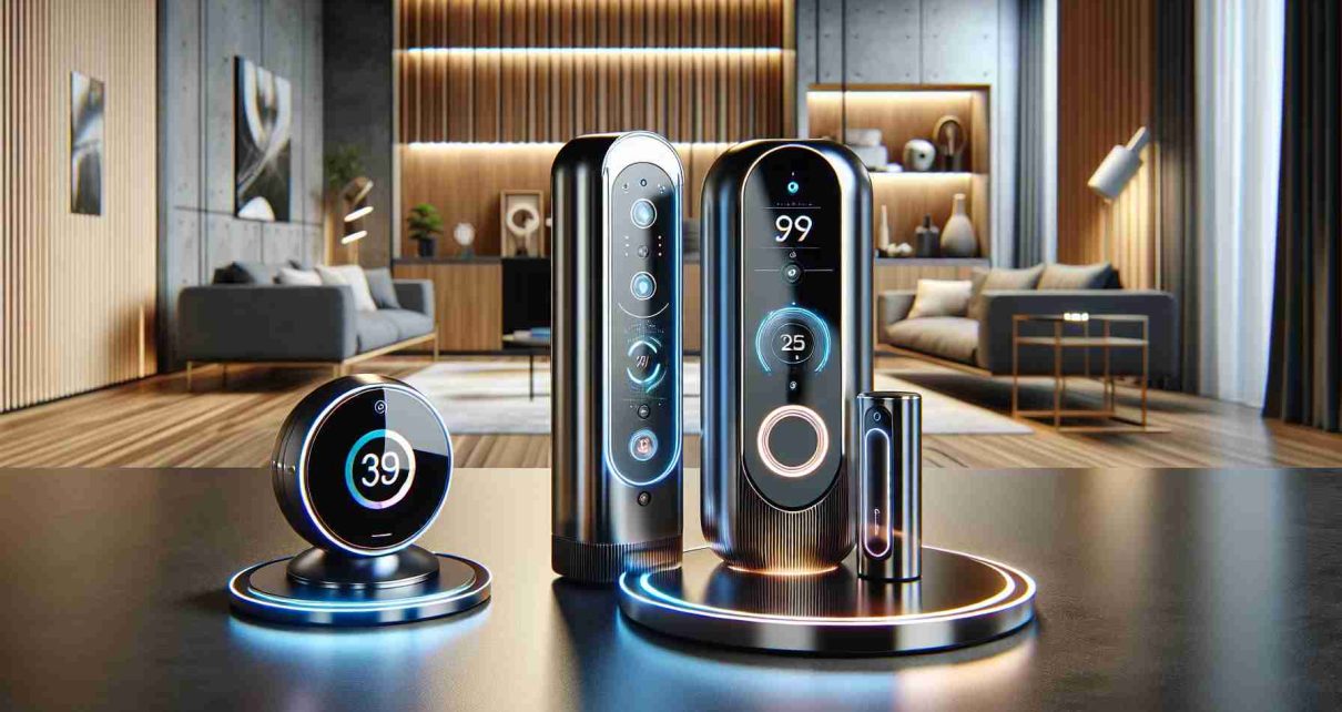 Realistic high definition image showing a couple of smart home devices with an innovative design. These devices are from a future where technology is more advanced, making them more streamlined, compact, and aesthetic. The smart home appliances include an AI-controlled thermostat, a smart lock, and a futuristic smart home hub. In the background, there is the interior of a modern, stylish living room where the smart devices are integrated. The smart devices have a sleek design and are made of polished metal with futuristic digital displays showing various readouts.