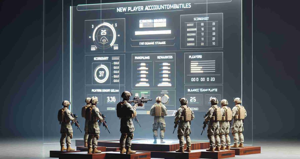 Generate a high-definition scene for a hypothetical video game with a military theme. The scene should show new player accountability measures, such as scoresheets displaying fair game statistics, players receiving penalties for misconduct, and rewards for balanced team play. It should have a modern, realistic aesthetic with attention to detailed combat uniforms, weaponry, and cutting-edge technology interface.